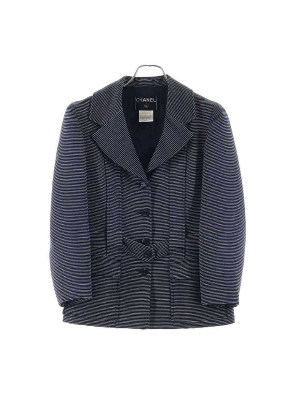 Chanel Jacket Border Camellia Wool Silk Navy